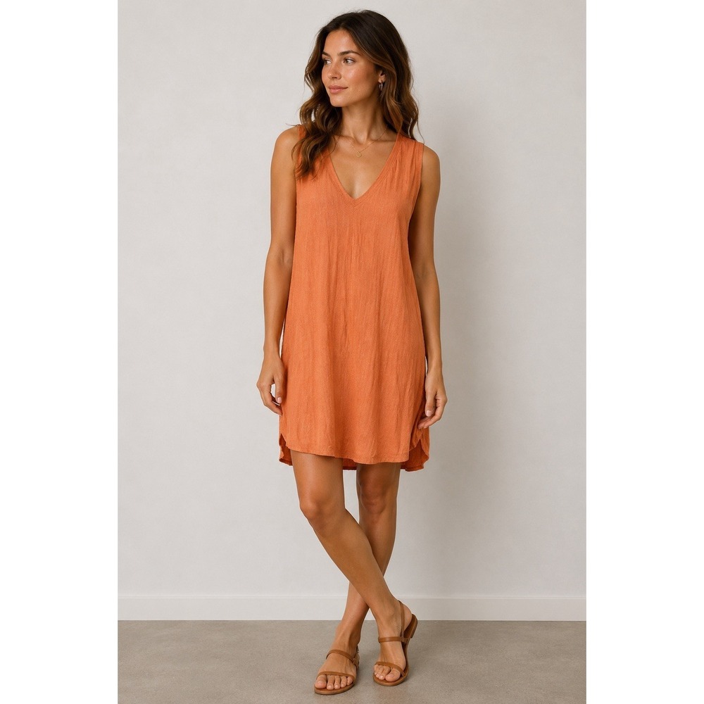 Acrobat Rust Orange Sleeveless Knit‎ Tunic Dress L V Neck Linen Layering Piece